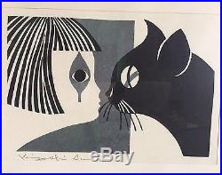 Kiyoshi Saito Girl And Cat Signed Japanese Woodblock Print