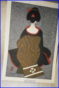 Kiyoshi Saito Japanese Woodblock Print Maiko In Black Kimono