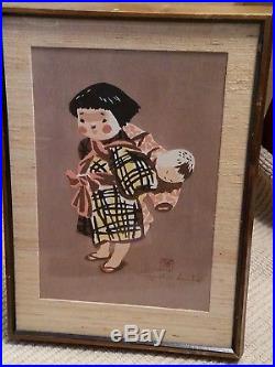 Kiyoshi Saito Mid Century Modern Japanese Woodblock Girl Carrying Baby Art