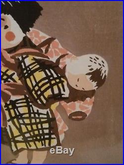 Kiyoshi Saito Mid Century Modern Japanese Woodblock Girl Carrying Baby Art