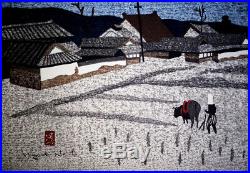 Kiyoshi Saito Original Signed Japanese Woodblock Print, Man Plowing Rice Field