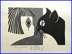 Kiyoshi Saito Original Signed and Sealed Japanese Woodblock Print -Cat and Girl