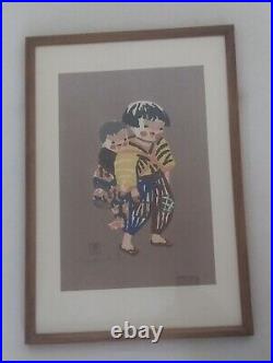 Kiyoshi Saito'children In Aizu' Original Japanese Woodblock Print. Signed