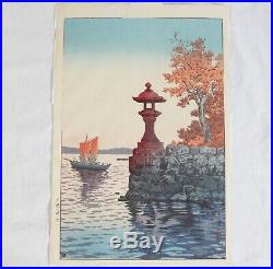 Koitsu Tsuchiya Antique Japanese Woodblock Print Harbor Sunset Sailboat Pagoda
