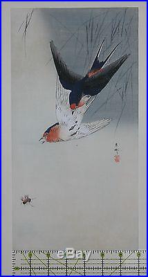 Koson original woodblock print, two swallows chaseing bee. Japanese original wor