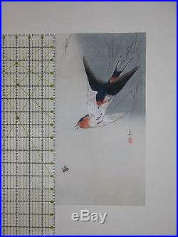 Koson original woodblock print, two swallows chaseing bee. Japanese original wor