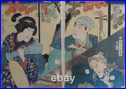 Kunichika Toyohata Japan Woodblock Prints Antique Ukiyo-e Aunt Kabuki Triptych