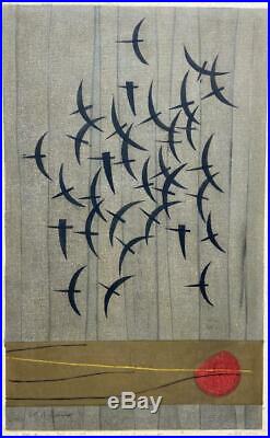 Kunihiro Amano Modernist Abstract Birds Japanese Woodblock Vintage 60s Art Print