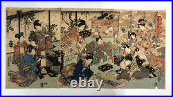 Kunisada Woodblock Print Triptych Spring flowers at the foot of the mountain