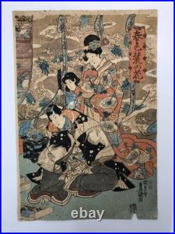 Kunisada Woodblock Print Triptych Spring flowers at the foot of the mountain