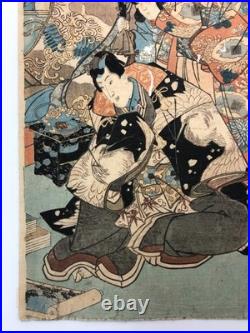 Kunisada Woodblock Print Triptych Spring flowers at the foot of the mountain