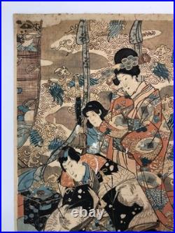 Kunisada Woodblock Print Triptych Spring flowers at the foot of the mountain