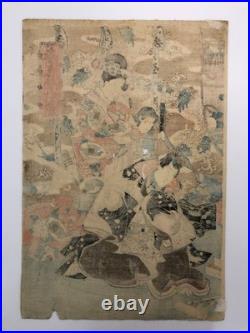 Kunisada Woodblock Print Triptych Spring flowers at the foot of the mountain