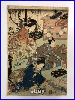 Kunisada Woodblock Print Triptych Spring flowers at the foot of the mountain