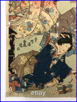 Kunisada Woodblock Print Triptych Spring flowers at the foot of the mountain