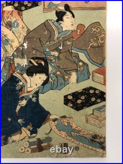 Kunisada Woodblock Print Triptych Spring flowers at the foot of the mountain