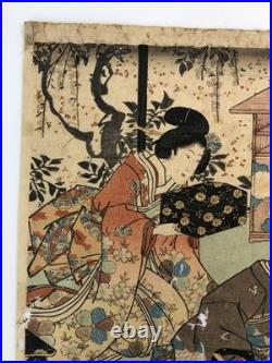 Kunisada Woodblock Print Triptych Spring flowers at the foot of the mountain Kunisada Woodblock Print Triptych Spring flowers at the foot of the mountain