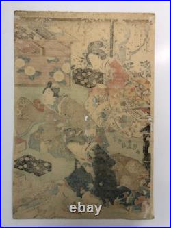 Kunisada Woodblock Print Triptych Spring flowers at the foot of the mountain