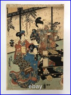 Kunisada Woodblock Print Triptych Spring flowers at the foot of the mountain