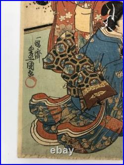 Kunisada Woodblock Print Triptych Spring flowers at the foot of the mountain