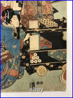 Kunisada Woodblock Print Triptych Spring flowers at the foot of the mountain