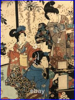 Kunisada Woodblock Print Triptych Spring flowers at the foot of the mountain