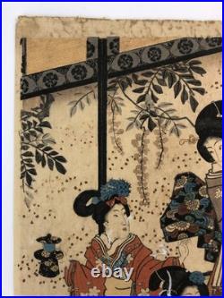 Kunisada Woodblock Print Triptych Spring flowers at the foot of the mountain