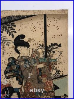 Kunisada Woodblock Print Triptych Spring flowers at the foot of the mountain