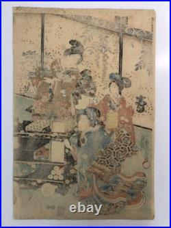 Kunisada Woodblock Print Triptych Spring flowers at the foot of the mountain Kunisada Woodblock Print Triptych Spring flowers at the foot of the mountain