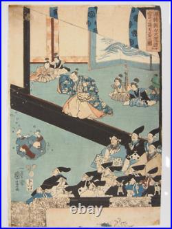 Kuniyoshi Woodblock Print Triptych Yoritomo Throws Dices for his Retainers