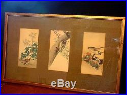 Large Vintage Japanese 3 Panel Triptych Bird Colored Wood Block Prints Signed
