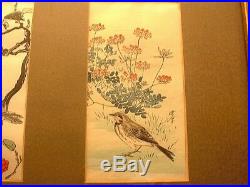 Large Vintage Japanese 3 Panel Triptych Bird Colored Wood Block Prints Signed #2