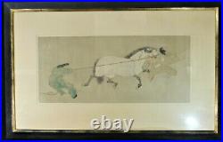 Large Vintage Japanese Woodblock of Horse Trainers. 29 ½ x 13 1/8