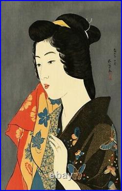 Lovely GOYO Japanese commemorative woodblock print WOMAN WITH GOLD RING