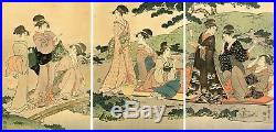 Lovely Meiji era UTAMARO Japanese woodblock triptych PICNIC BY A STREAM