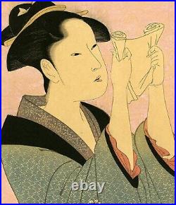 MEIJI era UTAMARO Japanese ukiyo-e woodblock reprint READING A LETTER