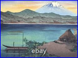 Masao Yoshimoto Woodblock Print Fuji At Lake Ashi Evening Twilight 1950