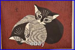 Mid Century Japanese Kaoru Kawano Woodblock Print Two Cats Kitten Marked
