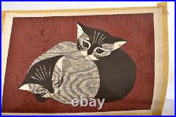 Mid Century Japanese Kaoru Kawano Woodblock Print Two Cats Kitten Marked