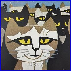 Mid Century Tomoo Inagaki Cat Woodblock Print Japan Art Audience of Cats 25in