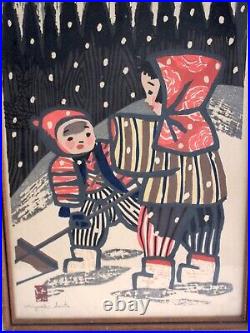 Midcentury Kiyoshi Saito Japanese Woodblock Print Children of Aizu