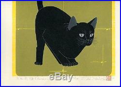 NISHIDA TADASHIGE Japanese woodblock print ORIGINAL Black Cat 2011 Signed
