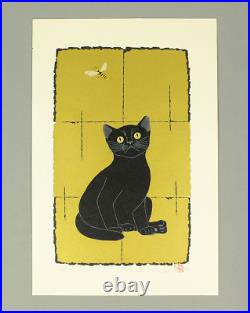 NISHIDA TADASHIGE Original woodblock print Black cat & Bee 116/120 NW124