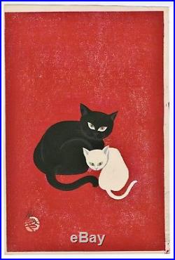 Ngai Iku Original JAPANESE OBAN WOODBLOCK PRINT Signed Black Cat and White Cat