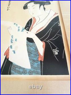 Nice Antique 19th C Framed Utamaro Japanese Woodblock Woman With Embossed Scroll