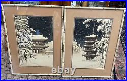 Nisaburo ito Japanese Woodblock Prints Vintage Framed Pagoda Temple Pair