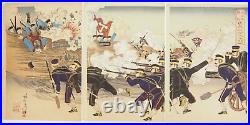 Nobukazu Woodblock Print Triptych Sino-Japanese War, Battle of Weihaiwei 1895