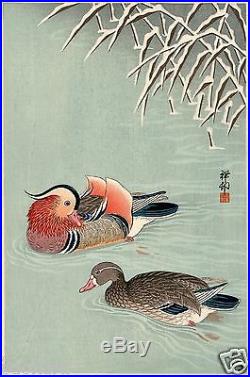 OHARA KOSON Shoson JAPANESE Hand Printed Woodblock Print Mandarin Ducks in Snow