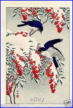 OHARA KOSON Shoson JAPANESE Woodblock Print Nanten Bush & Fly-catchers in Snow