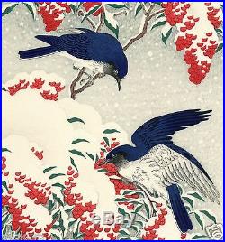 OHARA KOSON Shoson JAPANESE Woodblock Print Nanten Bush & Fly-catchers in Snow